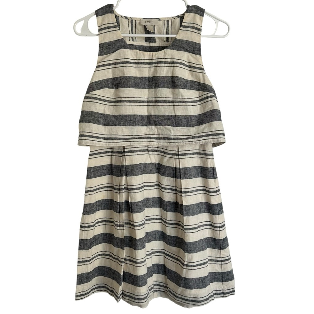 Ann Taylor Loft Dress Size 0 Grey Striped Linen Cotton Blend Keyhole A-Line
